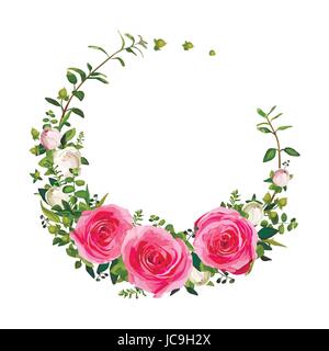 Flower circle round wreath coronet flowers pink Rose Hypericum fern leaves beautiful lovely spring summer bouquet vector illustration. Top view square Stock Vector