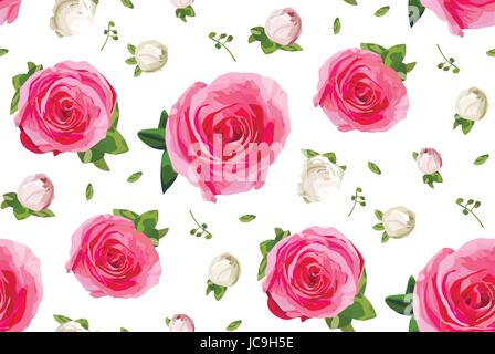 Vintage pink garden rose buttons and roses flowers, maidenhair fern decorative plants, leaves leaves bouquet seamless pattern background, wallpaper, b Stock Vector