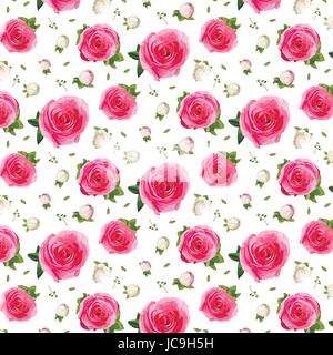 Vintage pink garden rose buttons and roses flowers, maidenhair fern decorative plants, leaves bouquet seamless pattern background, wallpaper, botanica Stock Vector