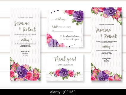 Set of flower Anemone rose freesia wedding invitation concept. Art spring poster abstract element. Vector beautiful floral layout decorative ethnic gr Stock Vector