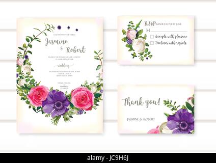 Set of flower Anemone and rose wreath wedding ornament concept. Art traditional, poster abstract element. Vector beautiful floral layout decorative et Stock Vector