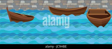 Boat boats wooden simple three ship on water sea river ocean wave waves calm tide roller wash brick stone wall background. Vector closeup side front b Stock Vector