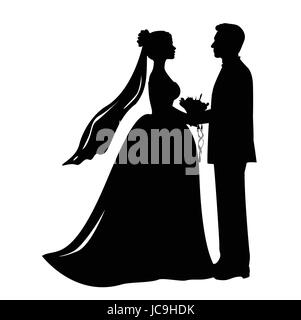 Men woman female male human caucasian people bride veil dress suit loving couple married holding hands bouquet. Vector close-up love sign silhouette b Stock Vector