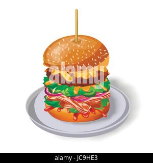 Burger skewer on plate: fresh tasty grilled beef cutlet bacon leaf lettuce french fries cucumber onion mustard tomato sauce sesame bun. Vector vertica Stock Vector