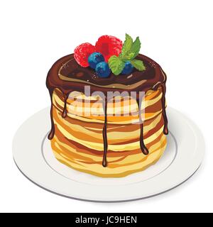 Stack delicious pancakes with chocolate sauce, raspberry, blueberry berries mint leaf with sugar powder on plate. Vector closeup side square beautiful Stock Vector
