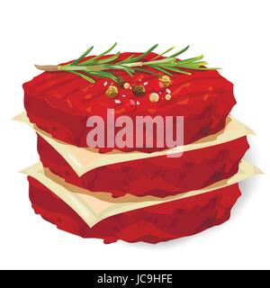 Raw Ground 3 organic beef meat Burger steak cutlet stack season salt pepper, fresh rosemary herb separated parchment. Vector vertical closeup beautifu Stock Vector