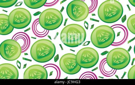 Cucumber fresh slices piece salad, onion circles slice chives seamless pattern . Vector beautiful fabric horizontal closeup top view textile wallpaper Stock Vector