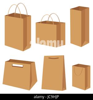 Bag paper container box packing shopping commercial gift shop store empty blank package types different set setting collection. Vector closeup side vi Stock Vector
