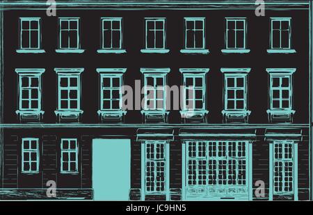 House building old architecture structure construction facade exterior background texture. Vector horizontal beautiful flat closeup city view black bl Stock Vector