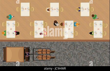 Restaurant cafe eatery hash house inside interior people eat eating sitting served table waiter laying outdoor paving stone road horse coach driver. V Stock Vector