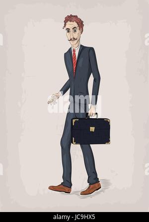 Men male person human people in suit jacket shoes tie hold case bag diplomat in hand go went work business. Vector retro vintage close-up beautiful ve Stock Vector