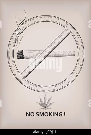 No smoking place sign signboard ban smoke cannabis marijuana weed leaf rolled cigarette smoking. Vector beautiful close-up side view sign black outlin Stock Vector