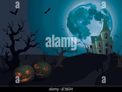 Halloween night: full moon beautiful castle chateau, carved scary pumpkin light inside black trees bat rearmouse. Vector vertical closeup side view si Stock Vector