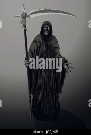 Death skeleton grim Reaper scytheman with scythe, suitable for Halloween celebration, logo, sign. Vector closeup black white vertical illustration on  Stock Vector