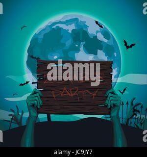 Halloween hands zombie holding hold old brown wooden plate plank sign text party full moon night graves bat rearmouse background. Vector beautiful clo Stock Vector