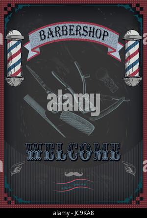 Frame border scissors, shears brush, swab, razor hairclipper blade shingle barber vintage retro inscription barbershop. Vector vertical closeup top vi Stock Vector