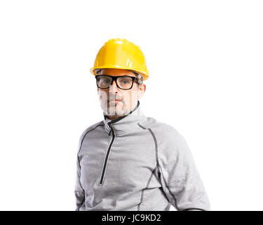 Mature hipster man in gray sweatshirt. Studio shot, isolated. Stock Photo