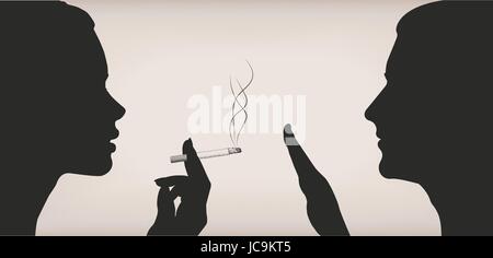 Woman female girl lady smoking smoke cigarette men ban prohibit against male face to face profile silhouette. Vector horizontal beautiful lifestyle si Stock Vector