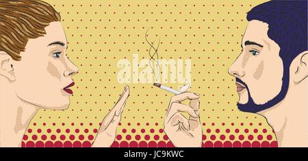 Woman female girl lady ban prohibit against men male smoking smoke cigarette face to face profile. Vector horizontal beautiful lovely sign signboard c Stock Vector
