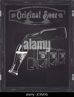 It poured into a glass of beer with bottle against the background of the brewery drawn in chalk Stock Vector