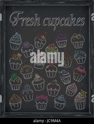 Set of fresh and delicious cupcakes drawn in chalk Stock Vector