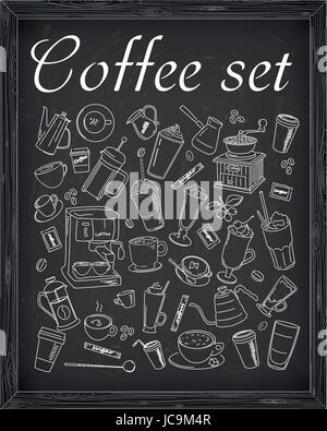 Set of beautiful  coffee & coffee accessories drawn in chalk. Stock Vector