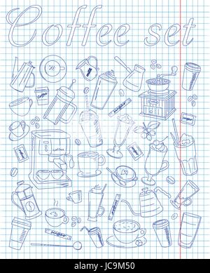Set of beautiful  coffee & coffee accessories drawn in pen Stock Vector