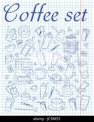 Set of beautiful  coffee & coffee accessories drawn in pen Stock Vector
