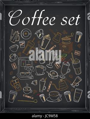 Set of beautiful  coffee & coffee accessories drawn in chalk Stock Vector