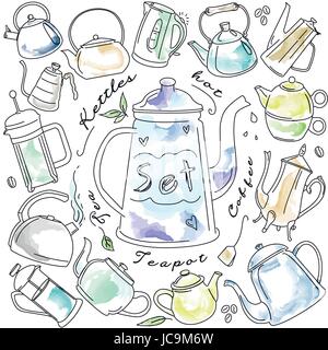 Set of different beautiful kettles & teapots painted in watercolor on white background Stock Vector