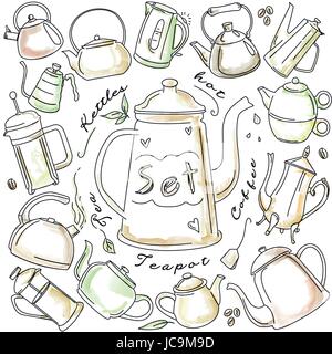 Set of different beautiful kettles & teapots painted in watercolor on white background Stock Vector