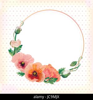 Flower circle round wreath coronet of pink peach poppy leaves beautiful lovely spring pastel soft poppies bouquet vector illustration top view square Stock Vector