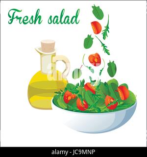 Vegetable organic vegan salad with fresh tasty tomatoes, chard or mangold has, spinach in white bowl with small olive oil bottle near and falling ingr Stock Vector