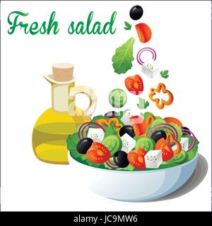 Greek vegetable salad with fresh tasty tomatoes,feta cheese,black olives,cucumbers,pepper,oregano and parsley on white plate with small olive oil bott Stock Vector