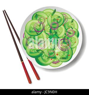 Cucumber salad: chive, red pepper, onion, kinza or coriander in bowl and chopsticks. Vector beautiful illustration of healthy tasty vegetable green Th Stock Vector