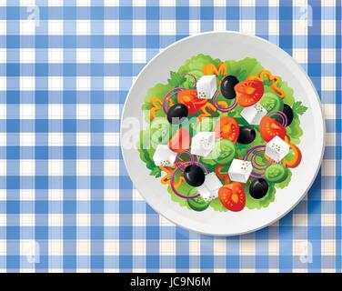 Greek vegetable salad with fresh tasty tomatoes, feta cheese, black olives, cucumbers, peppers, basil, oregano and parsley on white plate on blue-whit Stock Vector