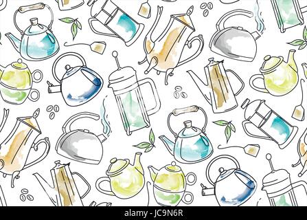 Kettles teapots kettle pot teapot household utensil watercolor seamless pattern background texture design. Vector close-up side view outline line simp Stock Vector
