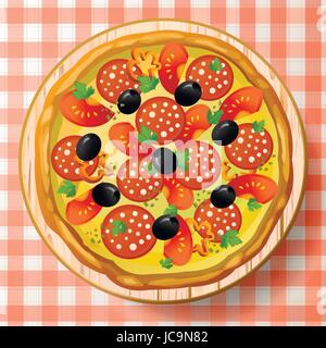 Pizza baked with  filling ingredients: salami or sausage, cheese mozzarella, tomato, pepper, black olive fresh parsley and species on wooden cutting b Stock Vector
