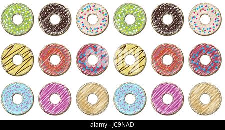 Donut doughnuts different setting set collection taste color glazed donut sweet pastry seamless beautiful food pattern background texture vector close Stock Vector