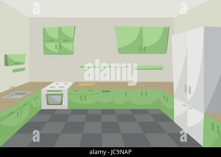 Kitchen room inside cabinets modern interior floor green furniture stove sink lockers empty clean good cartoon design. Vector close-up beautiful horiz Stock Vector