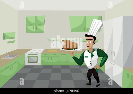 Kitchen room inside cabinets modern interior ?ook hold tray baked turkey chicken stand furniture stove sink cartoon design vector closeup beautiful ho Stock Vector