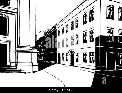 City street building house realistic contrast black and white flourish historical Lviv urban life landscape background. Vector close-up front frontal  Stock Vector