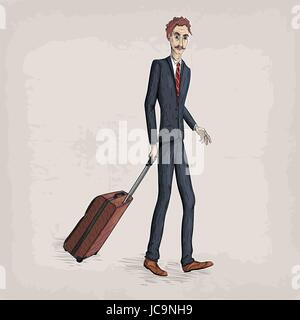 Men male person human people in suit jacket shoes tie hold  travel case bag in hand business. Vector retro vintage close-up beautiful vertical illustr Stock Vector