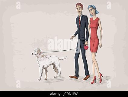 Woman female and business beautiful men caucasian young  person people couple walking with white labrador dog. Vector close-up horizontal illustration Stock Vector