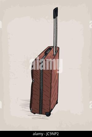 Bag travel traveling brown color valise wheels retro design stylish design line linear drawing.Vector closeup square beautiful fashion trendy line art Stock Vector