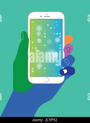 multicultural colorful hand holding smartphone Stock Vector