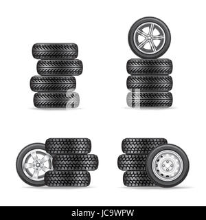 The sets of four wheels on white background Stock Photo