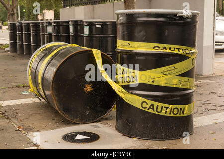 Caution Barrel Of Waste Containers Stock Photo