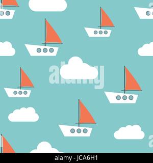 Floating boat Vector illustration Seamless pattern Cute sailboats with red sails among clouds on a blue background Flat design Stock Vector