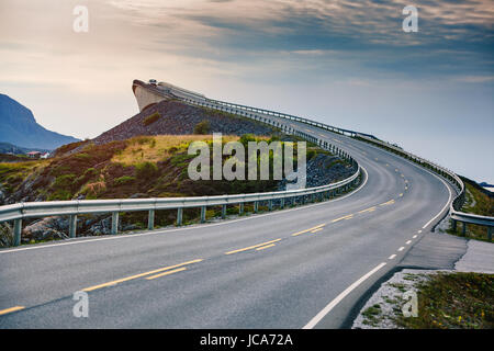 Modern bridge with car over islands in Norway. Atlantic road. Stock Photo